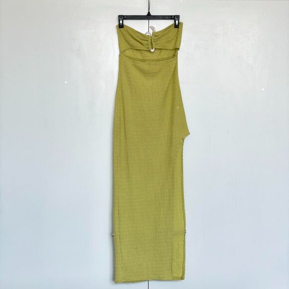 Lime green cut out strapless bodycon slit maxi dress gold rhinestone | Size S - Picture 4 of 6